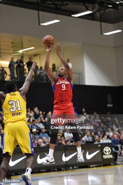 Williams of the Agua Caliente Clippers shoots the ball against the South Bay Lakers during an NBA G-League game on March 15, 2018 at UCLA Heath...