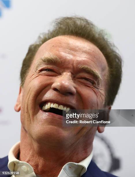 Arnold Schwarzenegger speaks during a press conference at The Melbourne Convention and Exhibition Centre on March 16, 2018 in Melbourne, Australia.