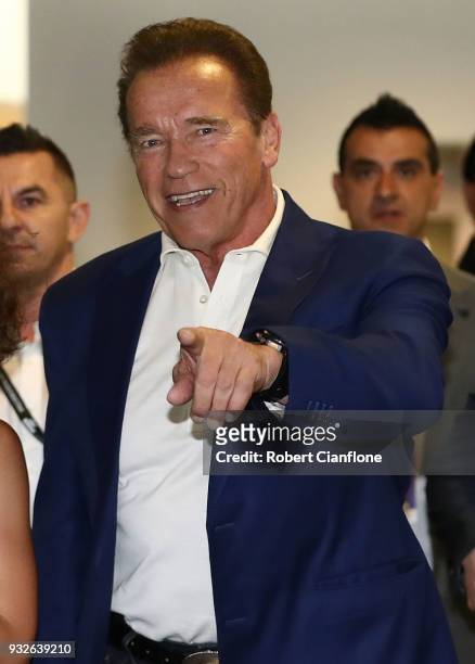 Arnold Schwarzenegger arrives for a press conference at The Melbourne Convention and Exhibition Centre on March 16, 2018 in Melbourne, Australia.