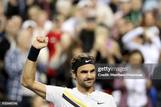 Roger Federer of Switzerland celebrates his win over Hyeon Chung of Korea during of the BNP Paribas Open at the Indian Wells Tennis Garden on March...