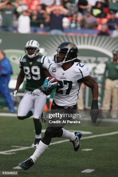 Cornerback Rasheen Mathis of the Jacksonville Jaguars has an Interception on the first play from scrimmage when the New York Jets host the...