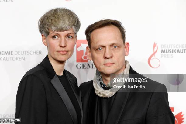 Musician Carsten Nicolai alias alva noto with Carolin Gennburg during the German musical authors award on March 15, 2018 in Berlin, Germany.