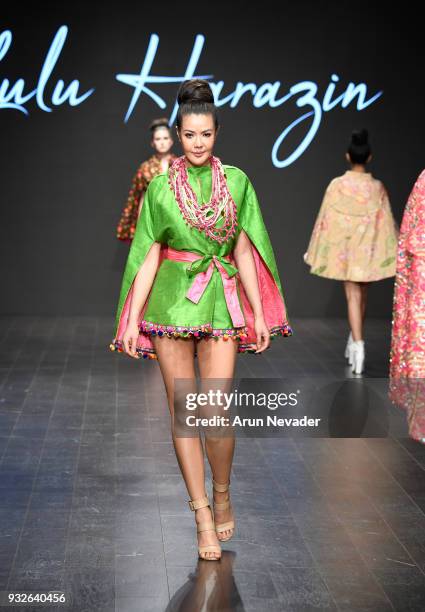 Model walks the runway wearing Lulu Harazin at Los Angeles Fashion Week Powered by Art Hearts Fashion LAFW FW/18 10th Season Anniversary at The...