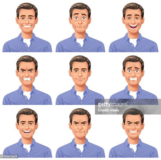 junger mann - facial expressions - m��nnliche person stock-grafiken, -clipart, -cartoons und -symbole