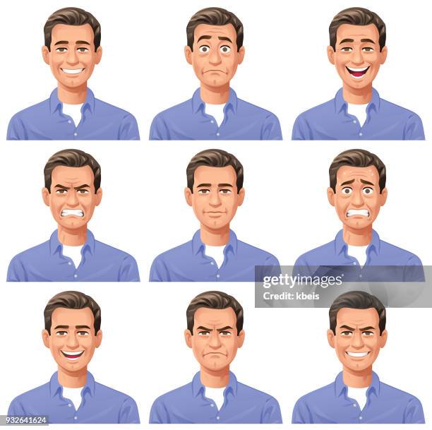 ilustraciones, imágenes clip art, dibujos animados e iconos de stock de expresiones de jóvenes hombre - facial - ejecutiva fondo blanco