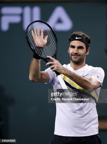Roger Federer Switzerland celebrates after defeating Hyeon Chung of Korea during Day 11 of BNP Paribas Open on March 15, 2018 in Indian Wells,...