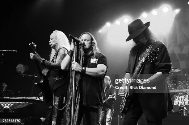 Lynyrd Skynyrd members Rickey Medlocke, Johnny Van Zant, and Gary Rossington perform at SiriusXM Presents Lynyrd Skynyrd Live at Buckhead Theatre in...