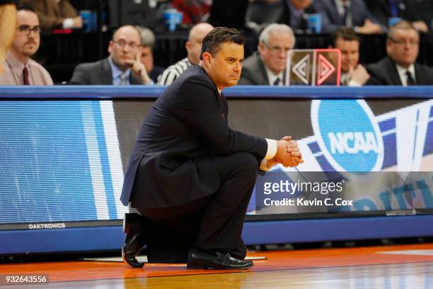 Head coach Sean Miller of the Arizona Wildcats reacts in the second half against the Buffalo Bulls during the first round of the 2018 NCAA Men's...