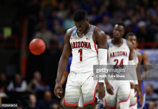 Rawle Alkins of the Arizona Wildcats reacts in the second half against the Buffalo Bulls during the first round of the 2018 NCAA Men's Basketball...