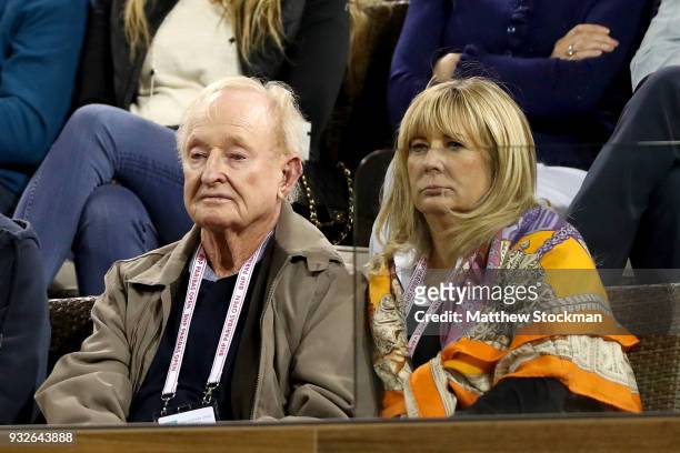 Rod Laver watches Roger Federer of Switzerland play Hyeon Chung of Korea during of the BNP Paribas Open at the Indian Wells Tennis Garden on March...