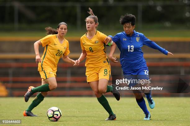 Rachel Lowe of Australia is challenged by Panittha Jeerantanapavibul of Thailand during the International match between the Young Matildas and...