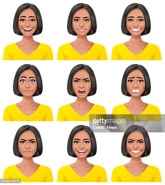 ilustraciones, imágenes clip art, dibujos animados e iconos de stock de expresiones de la joven mujer - facial - mujer negra