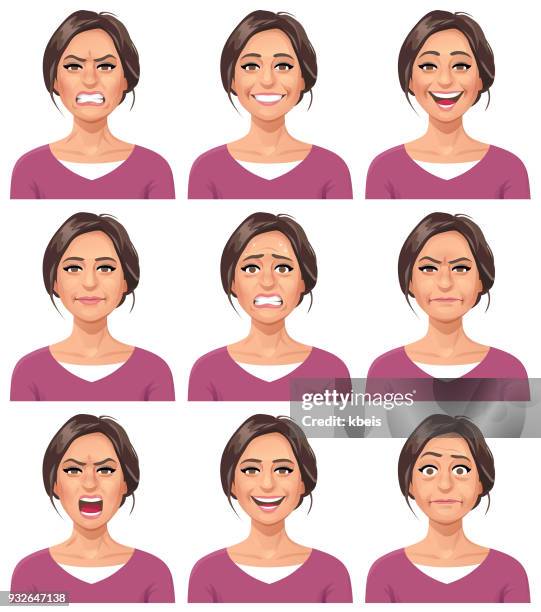 ilustrações de stock, clip art, desenhos animados e ícones de woman- facial expressions - mulher sorrindo
