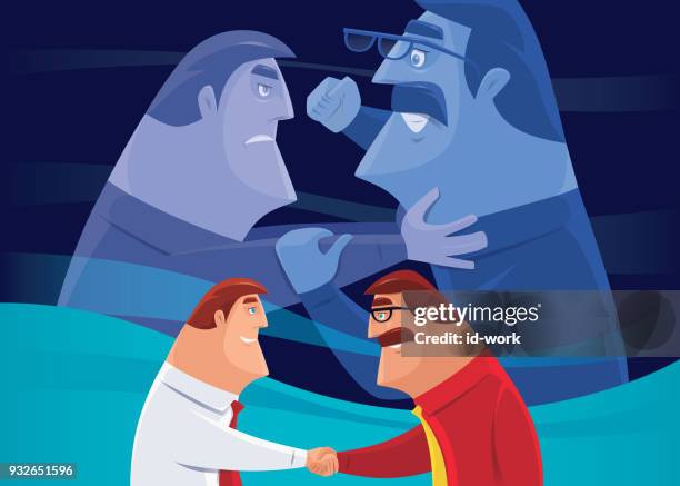 two businessmen shaking hands and conflicting - cheating relationship stock illustrations