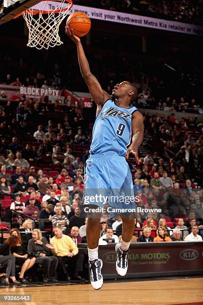 Ronnie Brewer of the Utah Jazz lays the ball up during the preseason game against the Portland Trail Blazers on October 20, 2009 at the Rose Garden...