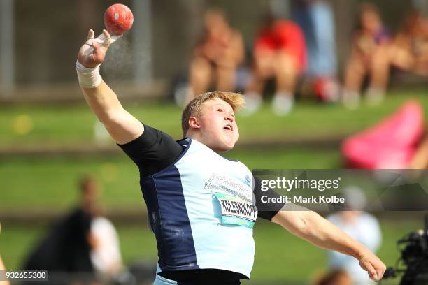 Alexander Kolesnikoff of New South Wales competes in the Men's Under 20 Shot Put during day three of the Australian Junior Athletics Championships at...