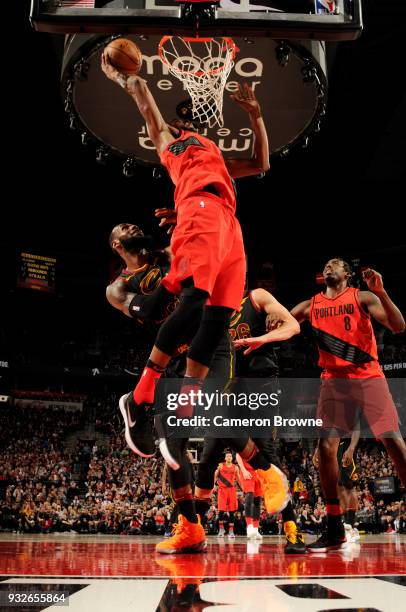 Maurice Harkless of the Portland Trail Blazers goes to the basket against the Cleveland Cavaliers on March 15, 2018 at the Moda Center in Portland,...