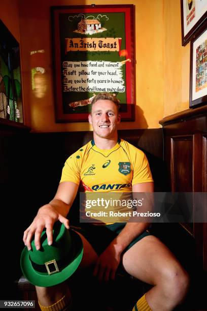 Wallabies player Reece Hodge poses during a media opportunity ahead of the upcoming Wallabies Test series against Ireland, at The Irish Times Pub on...