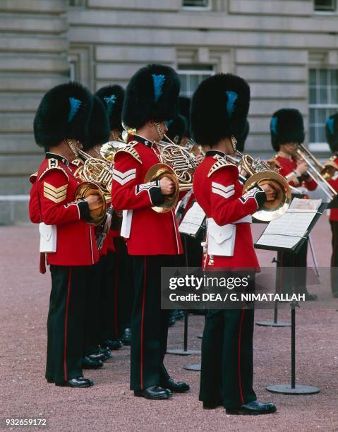 Royal Guards band at Buckingham Palace, London, England, United Kingdom.