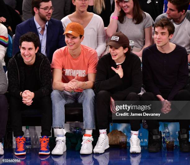 Ansel Elgort and Timothee Chalamet attend New York Knicks Vs Philadelphia 76ers game at Madison Square Garden on March 15, 2018 in New York City.