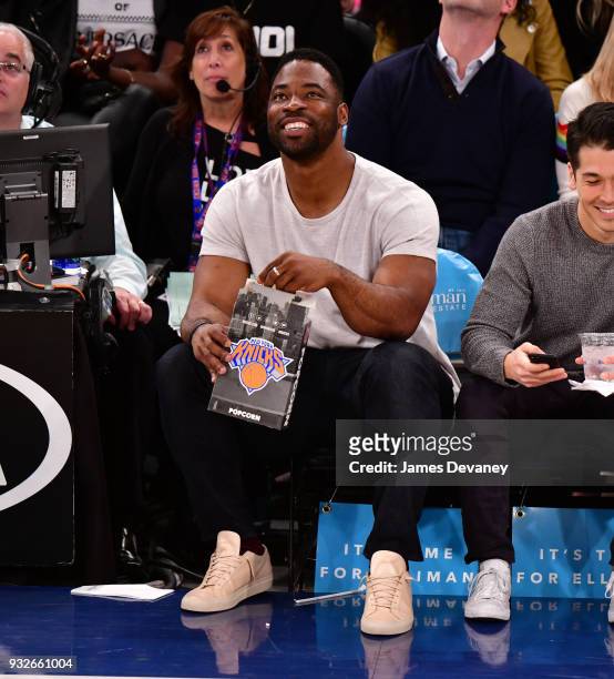 Justin Tuck attends New York Knicks Vs Philadelphia 76ers game at Madison Square Garden on March 15, 2018 in New York City.
