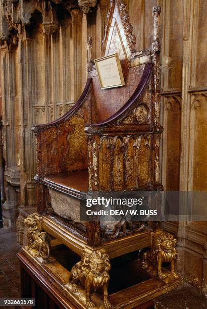 Coronation Chair, or King Edward's Chair, wooden throne Westminster Abbey , London, England, United Kingdom.