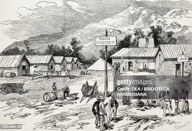 Cabins built in the square dedicated to Umberto I after the earthquake in Casamicciola on Ischia island, Campania, Italy, illustration from the...