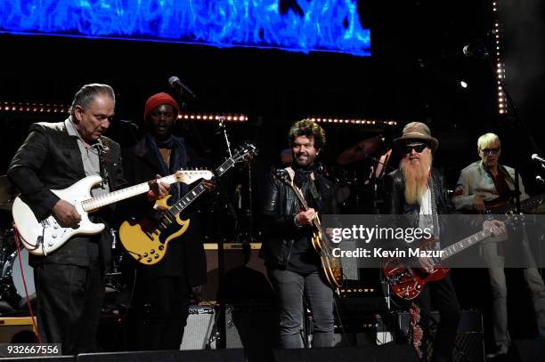 Jimmie Vaughan, Gary Clark Jr., Doyle Bramhall II, and Billy Gibbons perform onstage at the Second Annual LOVE ROCKS NYC! A Benefit Concert for God's...