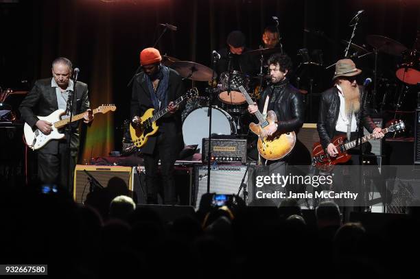 Jimmie Vaughan, Gary Clark Jr., Doyle Bramhall II, and Billy Gibbons perform onstage at the Second Annual LOVE ROCKS NYC! A Benefit Concert for God's...
