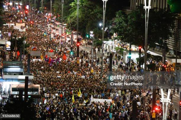 Protesters protest against the murders of councilwoman Marielle Franco and Anderson Pedro Gomes at Avenida Paulista in Sao Paulo, Brazil, on 15 March...