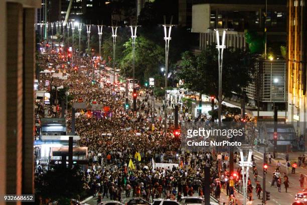 Protesters protest against the murders of councilwoman Marielle Franco and Anderson Pedro Gomes at Avenida Paulista in Sao Paulo, Brazil, on 15 March...