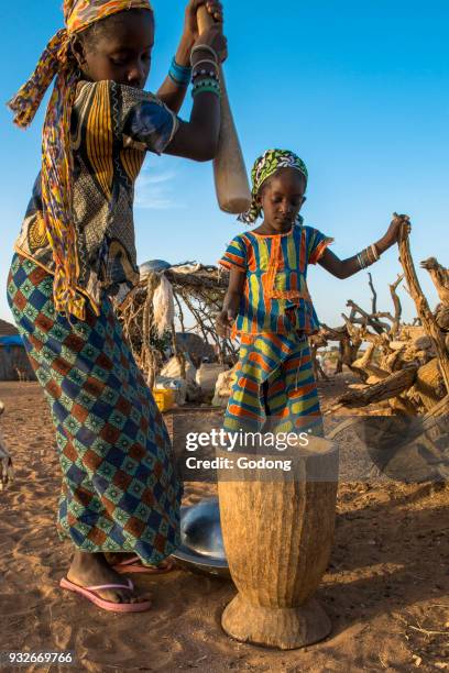 Girls using a pestle. Senegal.