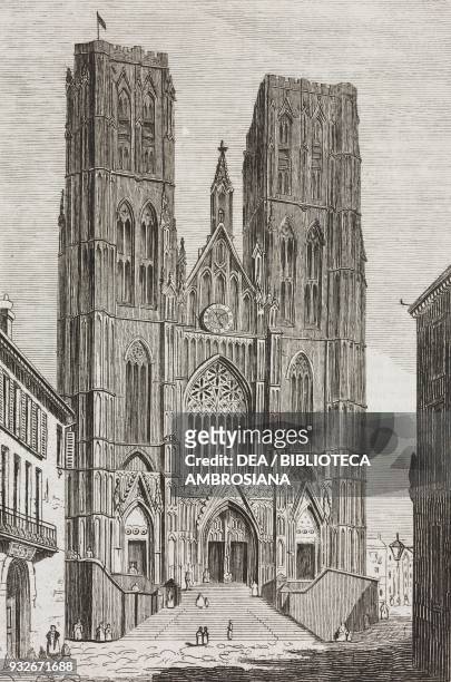 Facade of the Cathedral of St Michael and St Gudula, Brussels, Belgium, engraving from L'album, giornale letterario e di belle arti, August 25 Year 5.
