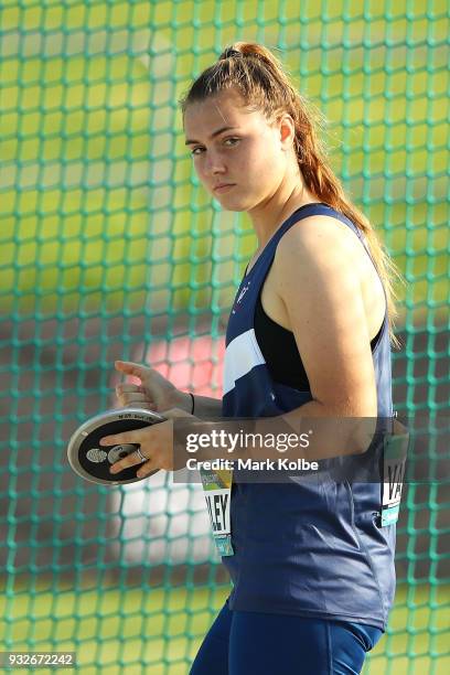 Lisa Varley of Victoria prepares to compete in the Women's under 20s Discus Throw during day three of the Australian Junior Athletics Championships...