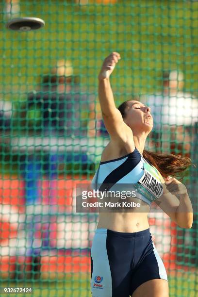 Sina Wildraut of New South Wales competes in the Women's under 20s Discus Throw during day three of the Australian Junior Athletics Championships at...