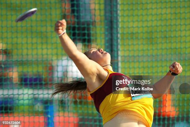 Tatiana Kaumoana of New Zealand competes in the Women's under 20s Discus Throw during day three of the Australian Junior Athletics Championships at...