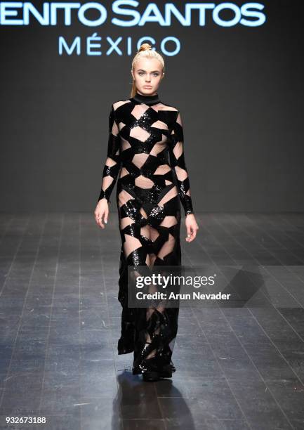 Model walks the runway wearing Benito Santos at Los Angeles Fashion Week Powered by Art Hearts Fashion LAFW FW/18 10th Season Anniversary at The...