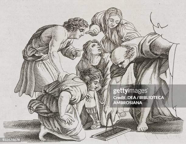 Archimedes intent on studying geometry, engraving from The School of Athens by Raphael, from L'album, giornale letterario e di belle arti, January 19...