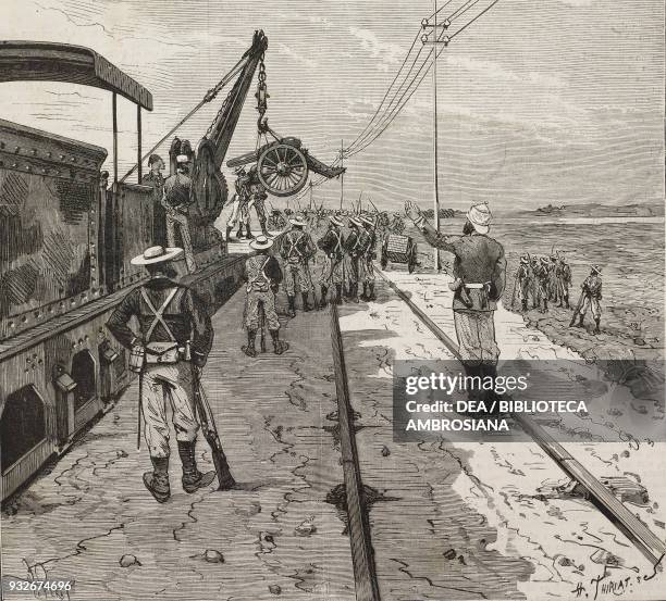 Armoured train carrying guns to the British outposts, Anglo-Egyptian War, Egypt, illustration from the weekly Rivista Illustrata , No 195, September...
