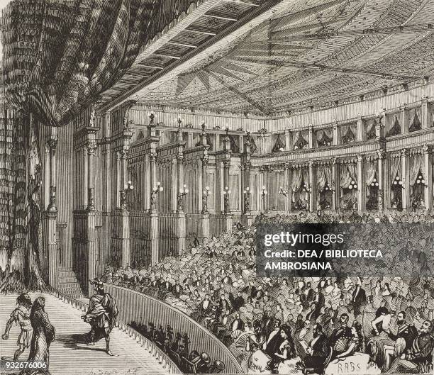 Interior of Wagner Festspielhaus theatre in Bayreuth, Germany, illustration from the weekly Rivista Illustrata , No 217, February 25, 1883.