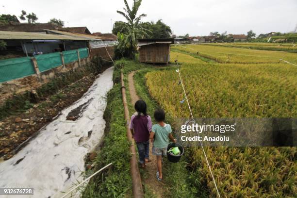 Two kids walk beside a stream covered with textile waste in Sukamaju Village, Majalaya, Bandung, West Java, Indonesia, on March 15, 2018. About 500...