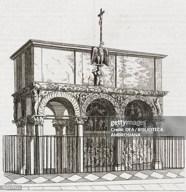 Pulpit in the Basilica of Sant'Ambrogio, Milan, Lombardy, Italy, engraving from L'album, giornale letterario e di belle arti, December 14 Year 6.
