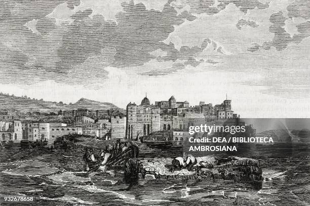 View of Pozzuoli from Caligula pier, Campania, Italy, engraving from L'album, giornale letterario e di belle arti, March 14 Year 7.