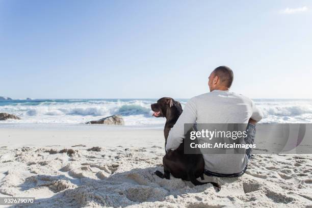 young man and his dog sitting together on the beach. - african pit bull stock pictures, royalty-free photos & images