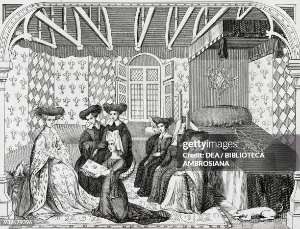 Christine de Pizan presenting his book to Isabella of Bavaria, Queen Consort of France, engraving from L'album, giornale letterario e di belle arti,...
