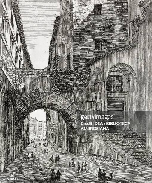 Arch of Drusus and Germanicus, ancient Roman arch, Spoleto, Umbria, Italy, engraving from L'album, giornale letterario e di belle arti, November 28...