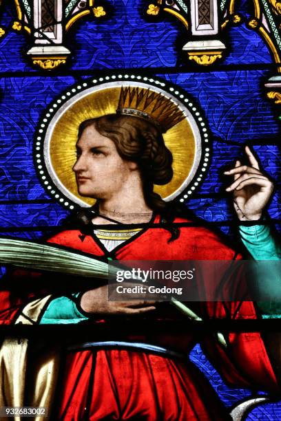 Sacred heart church. Stained glass window. Saint Catherine of Alexandria, also known as Saint Catherine of the Wheel. Moulins. France.