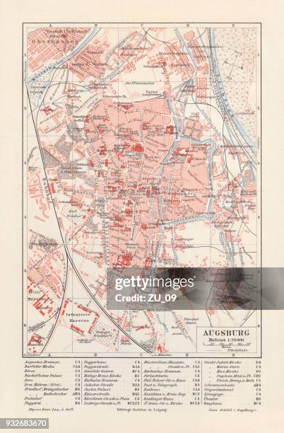 city map of augsburg, bavaria, germany, lithograph, published in 1897 - old town stock illustrations