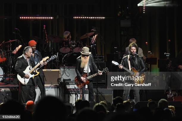 Jimmie Vaughan, Gary Clark Jr, Doyle Bramhall ll and Billy Gibbons perform during the 2nd Annual Love Rocks NYC concert benefitting God's Love We...