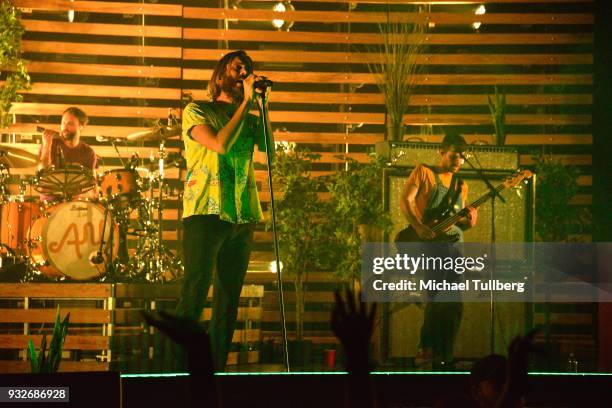 Isaac Carpenter, Aaron Bruno and Michael Goldman of Awolnation peform at The Wiltern on March 15, 2018 in Los Angeles, California.